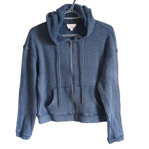 Hippie Rose Waffle Knit Full Zip Hooded Sweater Distressed Blue Size Medium